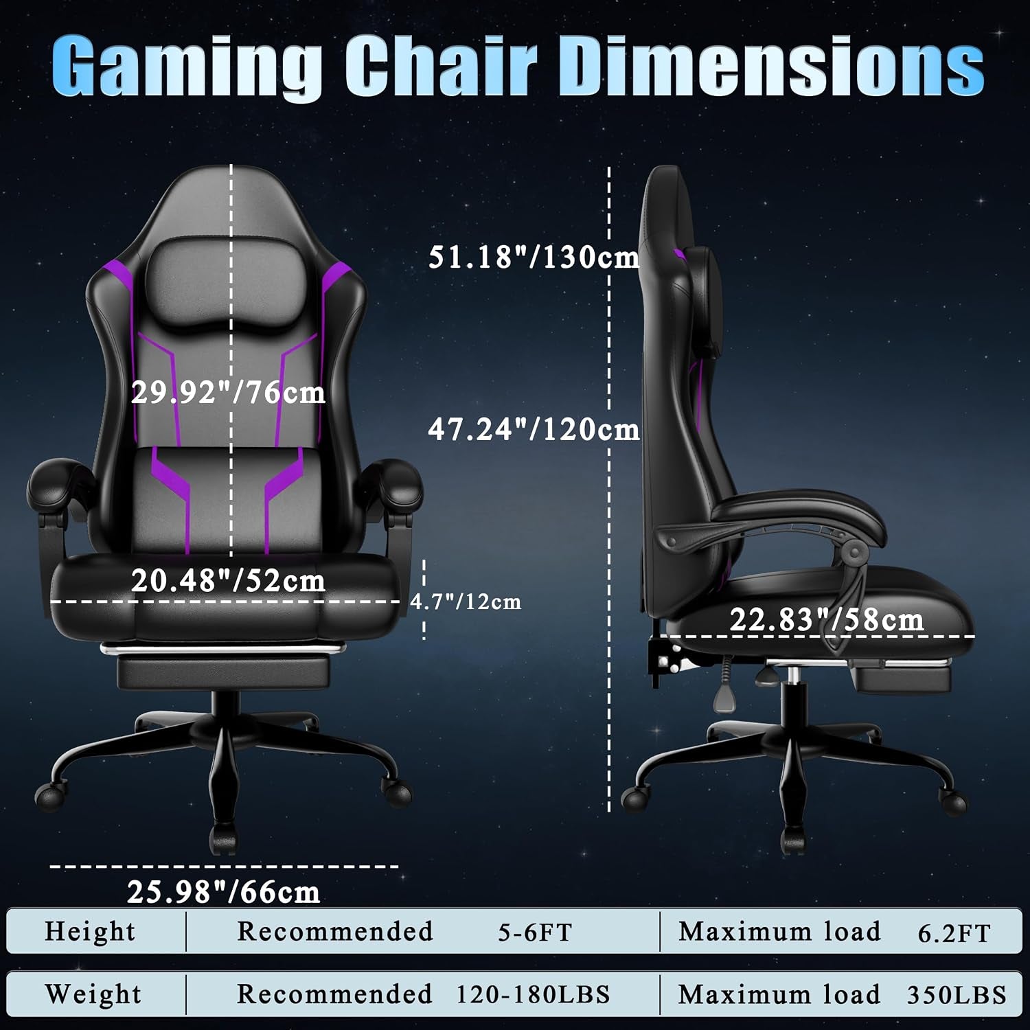 Gaming Chair with Footrest and Lumbar Support, Purple | Ergonomic Video Game Chair, Headrest, Height Adjustable, Office Desk Chair
