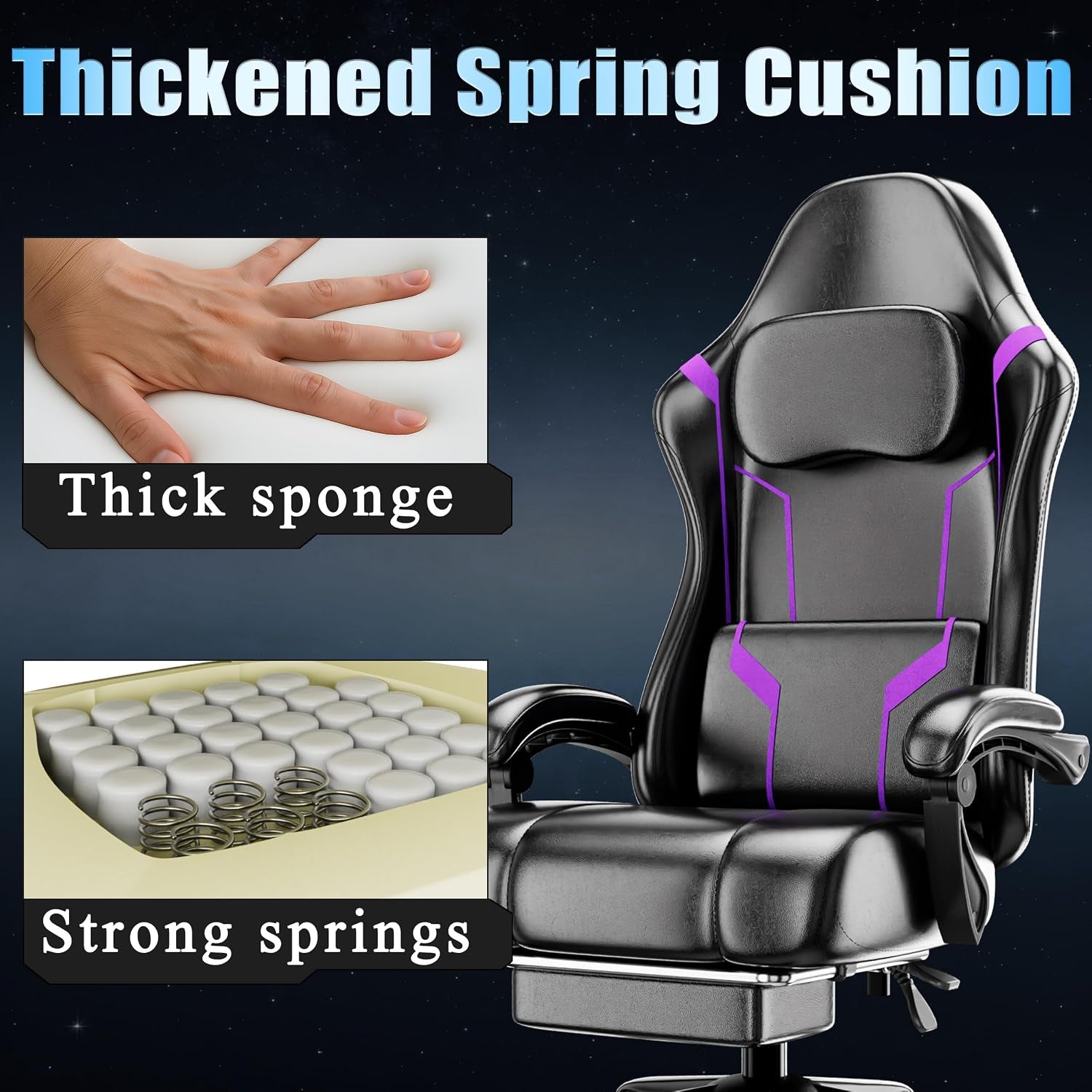 Gaming Chair with Footrest and Lumbar Support, Purple | Ergonomic Video Game Chair, Headrest, Height Adjustable, Office Desk Chair