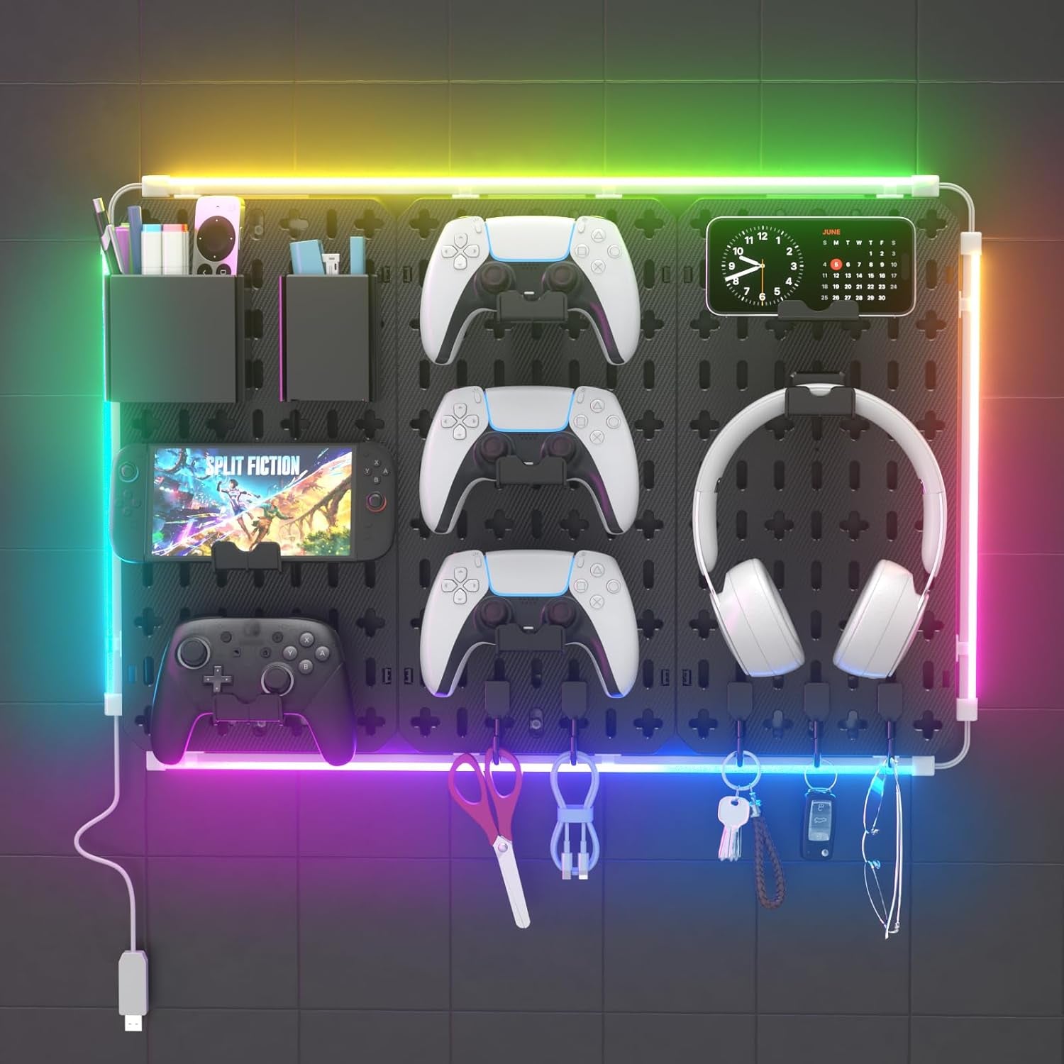 9 in 1 RGB Gaming Wall Organizer Peg Board - DIY Pegboard Combination Kit with Phone Stand/Pen Holder/Storage Box/Headset & Controller Holder/Hooks for Office & Home Gamer Room Decor Accessories