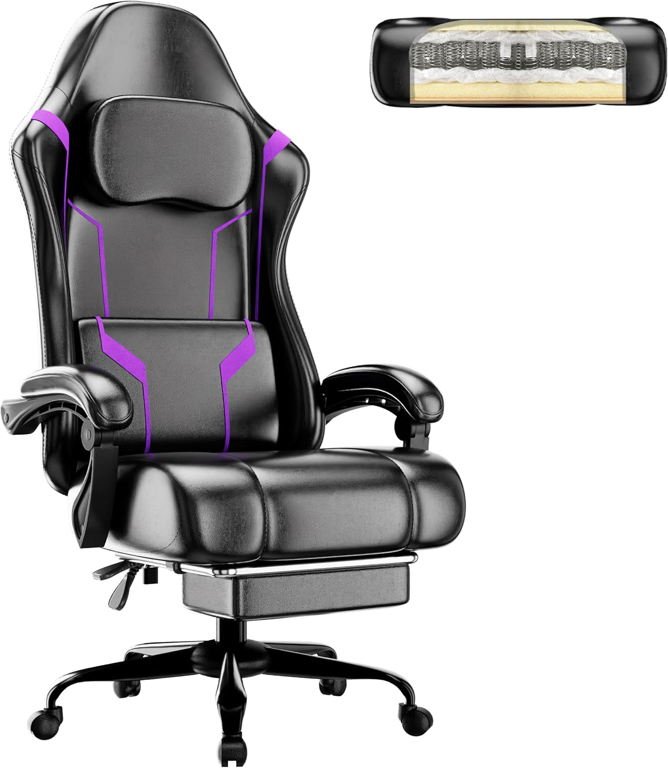 Gaming Chair with Footrest and Lumbar Support, Purple | Ergonomic Video Game Chair, Headrest, Height Adjustable, Office Desk Chair