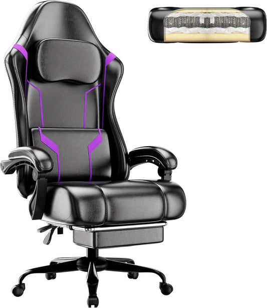 Gaming Chair with Footrest and Lumbar Support, Purple | Ergonomic Video Game Chair, Headrest, Height Adjustable, Office Desk Chair