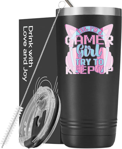 Gamer Gifts for Girl, Gaming Mug 20Oz Stainless Steel Tumbler, Yes I'M a Gamer Girl Try to Keep Up