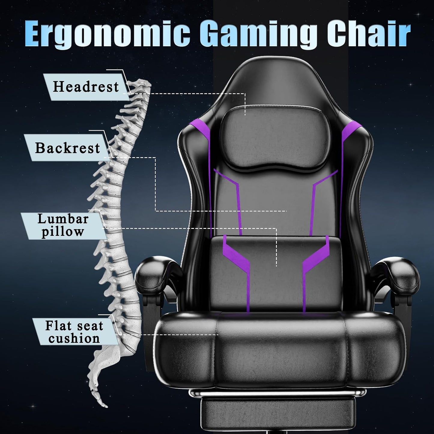 Gaming Chair with Footrest and Lumbar Support, Purple | Ergonomic Video Game Chair, Headrest, Height Adjustable, Office Desk Chair