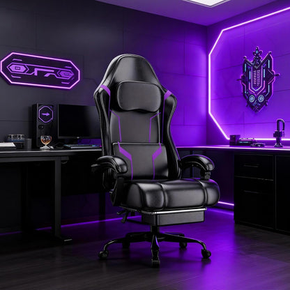 Gaming Chair with Footrest and Lumbar Support, Purple | Ergonomic Video Game Chair, Headrest, Height Adjustable, Office Desk Chair