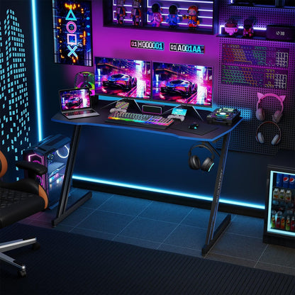 Gaming Desk Z Shaped 47 Inch PC Computer Desk Computer Workstation Ergonomic Gaming Table with Headphone Hook for Game Players, Black&Blue