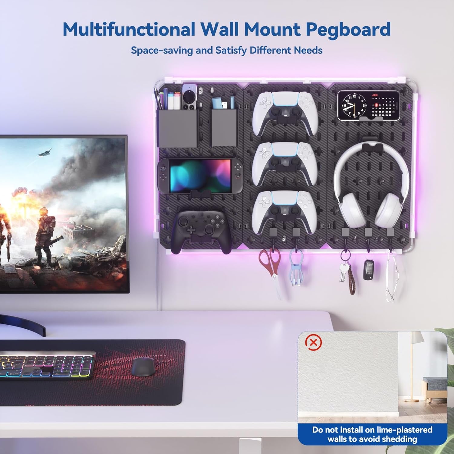 9 in 1 RGB Gaming Wall Organizer Peg Board - DIY Pegboard Combination Kit with Phone Stand/Pen Holder/Storage Box/Headset & Controller Holder/Hooks for Office & Home Gamer Room Decor Accessories