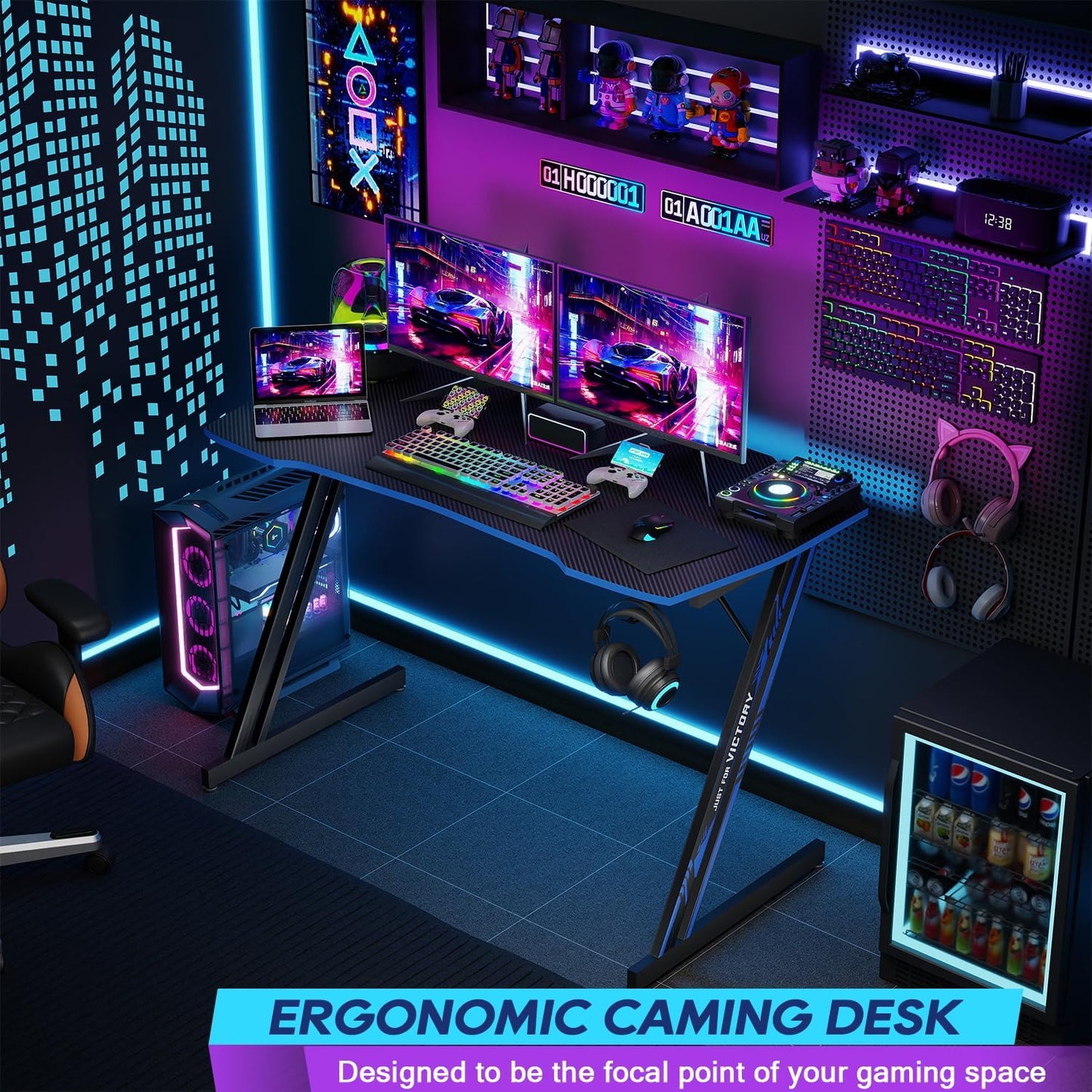Gaming Desk Z Shaped 47 Inch PC Computer Desk Computer Workstation Ergonomic Gaming Table with Headphone Hook for Game Players, Black&Blue