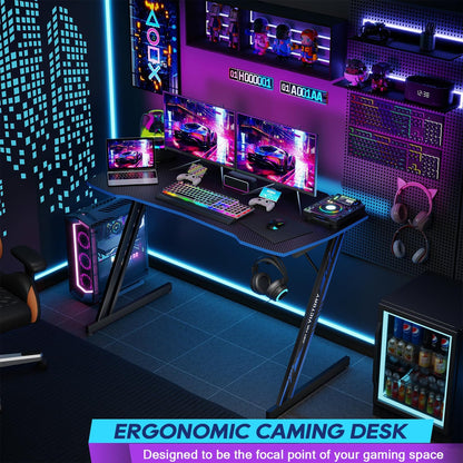 Gaming Desk Z Shaped 47 Inch PC Computer Desk Computer Workstation Ergonomic Gaming Table with Headphone Hook for Game Players, Black&Blue