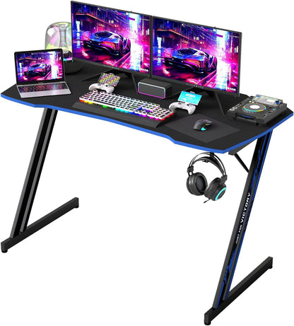 Gaming Desk Z Shaped 47 Inch PC Computer Desk Computer Workstation Ergonomic Gaming Table with Headphone Hook for Game Players, Black&Blue
