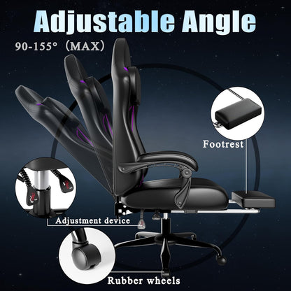 Gaming Chair with Footrest and Lumbar Support, Purple | Ergonomic Video Game Chair, Headrest, Height Adjustable, Office Desk Chair
