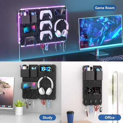 9 in 1 RGB Gaming Wall Organizer Peg Board - DIY Pegboard Combination Kit with Phone Stand/Pen Holder/Storage Box/Headset & Controller Holder/Hooks for Office & Home Gamer Room Decor Accessories