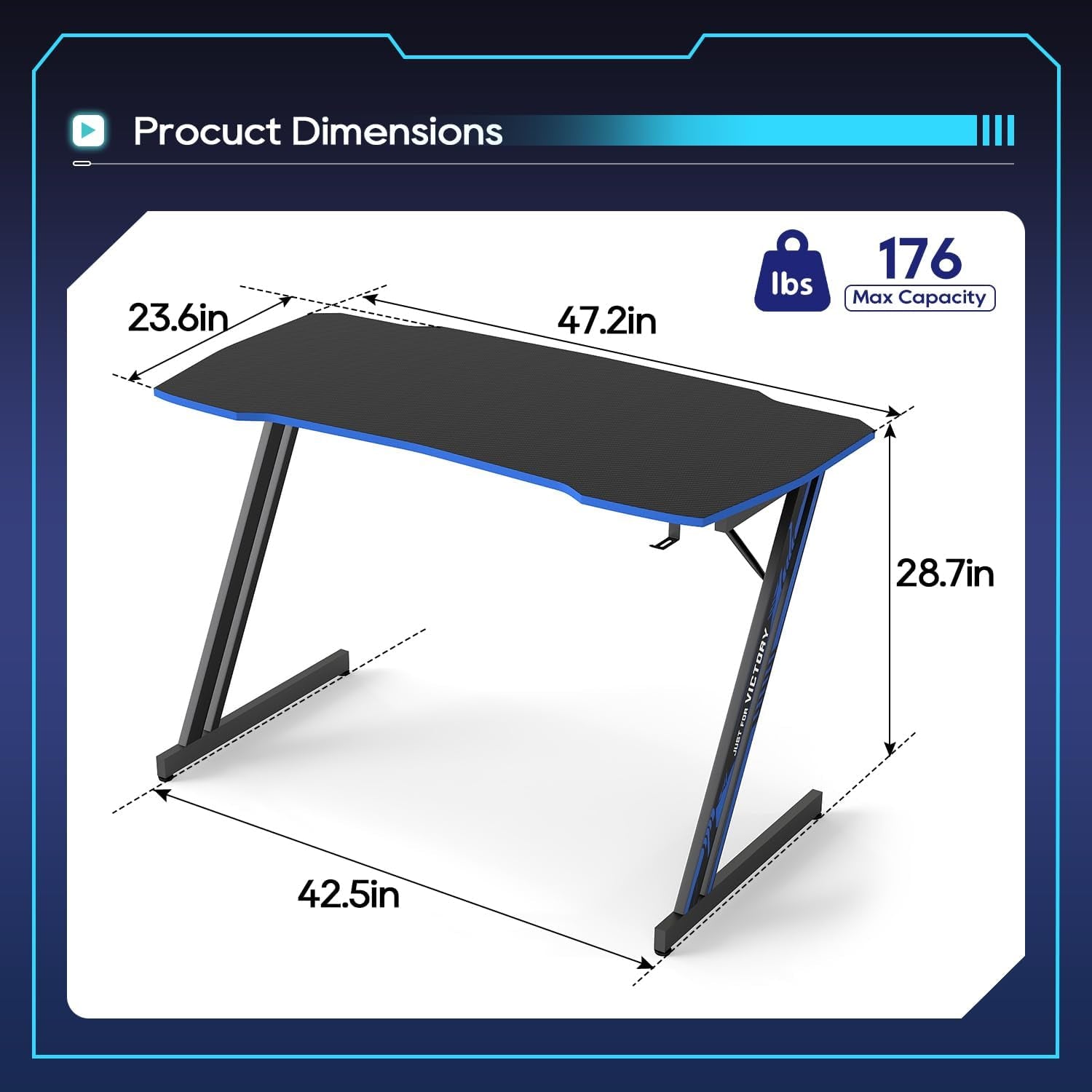 Gaming Desk Z Shaped 47 Inch PC Computer Desk Computer Workstation Ergonomic Gaming Table with Headphone Hook for Game Players, Black&Blue