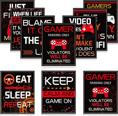 10 Video Game Poster Sign Gamer Art Print Boy Game on Birthday Party Wall Decoration, Inspirational Words Quote Poster 10 X 8 Inch Wall Gaming Art for Kids Boy Bedroom Decor, No Frame (Red)