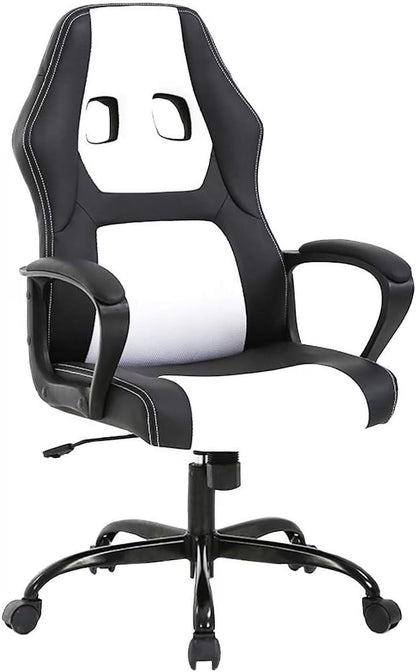 Adult PU Leather and Mesh Racing Gaming Chair with Swivel and Lumbar Support, White
