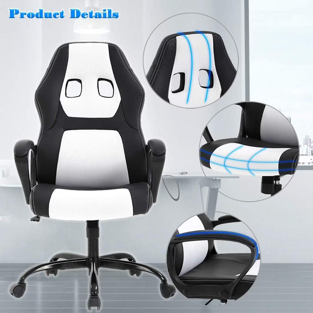 Adult PU Leather and Mesh Racing Gaming Chair with Swivel and Lumbar Support, White