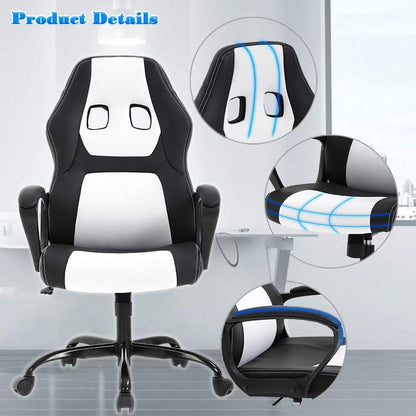 Adult PU Leather and Mesh Racing Gaming Chair with Swivel and Lumbar Support, White