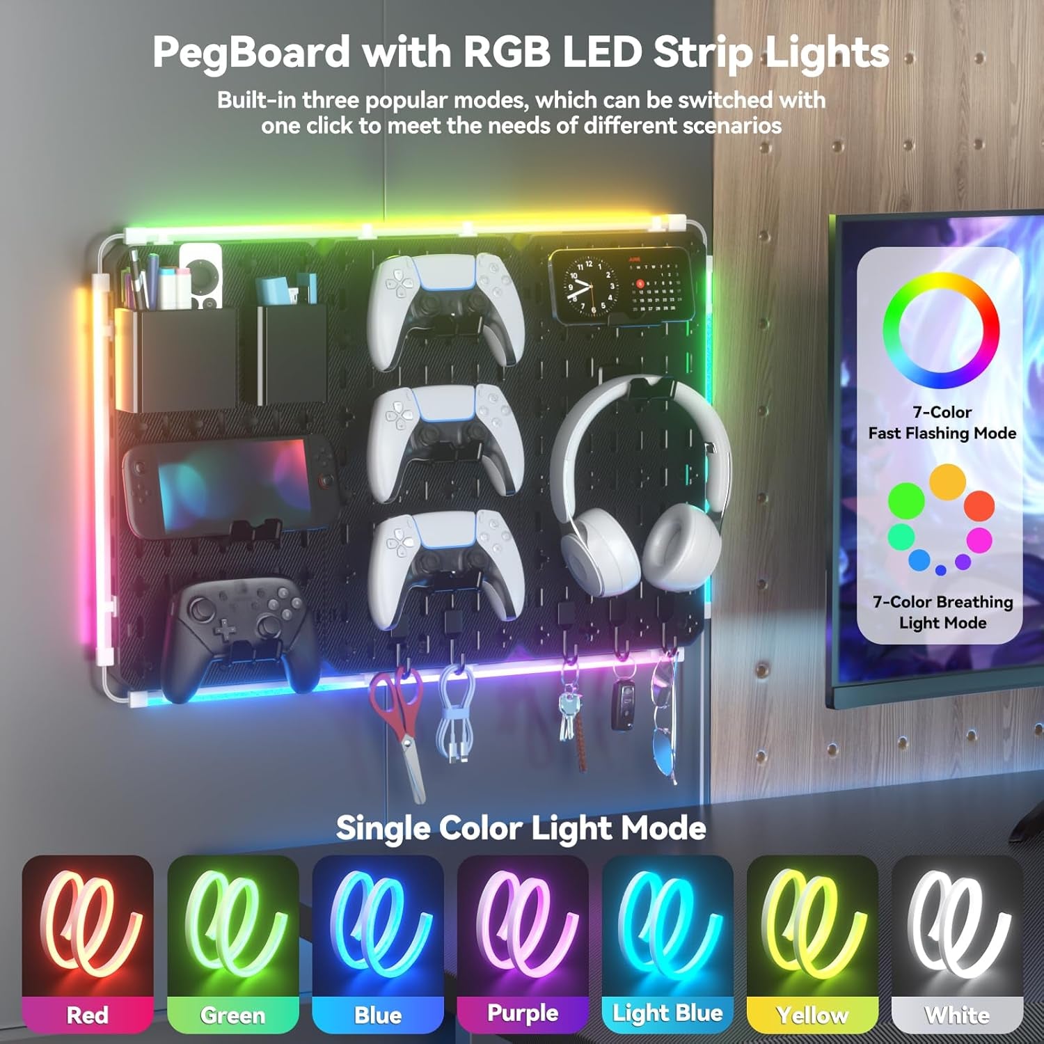 9 in 1 RGB Gaming Wall Organizer Peg Board - DIY Pegboard Combination Kit with Phone Stand/Pen Holder/Storage Box/Headset & Controller Holder/Hooks for Office & Home Gamer Room Decor Accessories