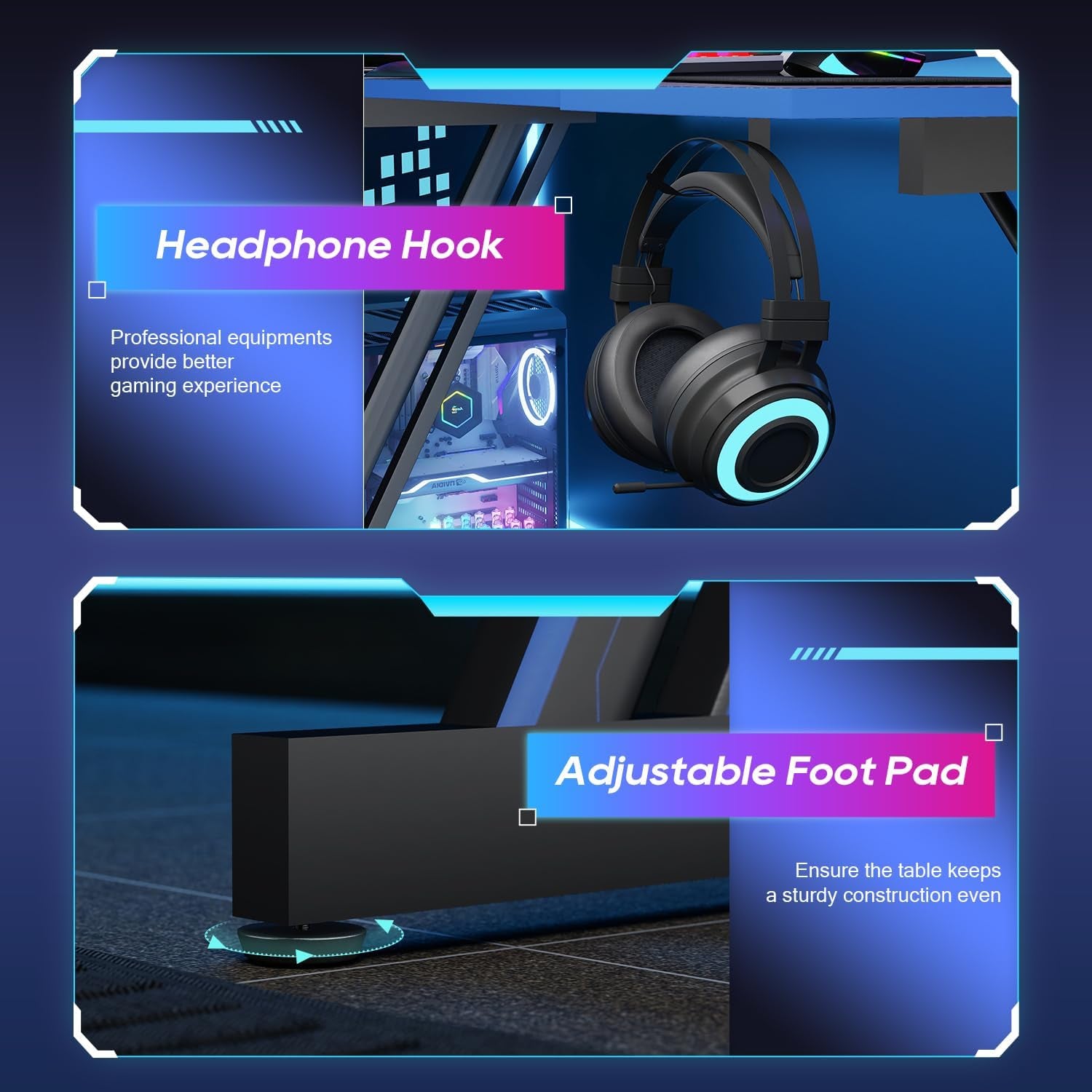 Gaming Desk Z Shaped 47 Inch PC Computer Desk Computer Workstation Ergonomic Gaming Table with Headphone Hook for Game Players, Black&Blue