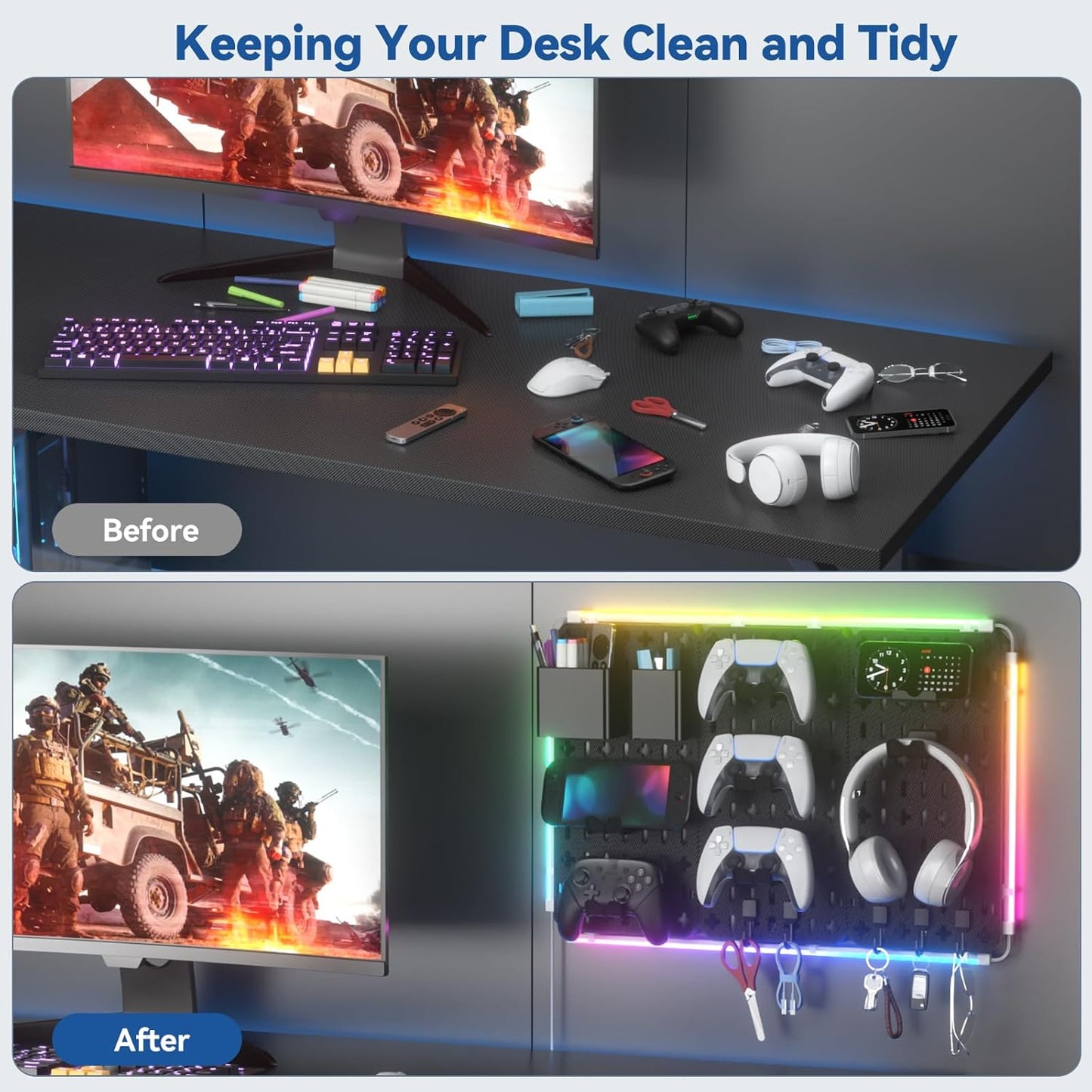 9 in 1 RGB Gaming Wall Organizer Peg Board - DIY Pegboard Combination Kit with Phone Stand/Pen Holder/Storage Box/Headset & Controller Holder/Hooks for Office & Home Gamer Room Decor Accessories
